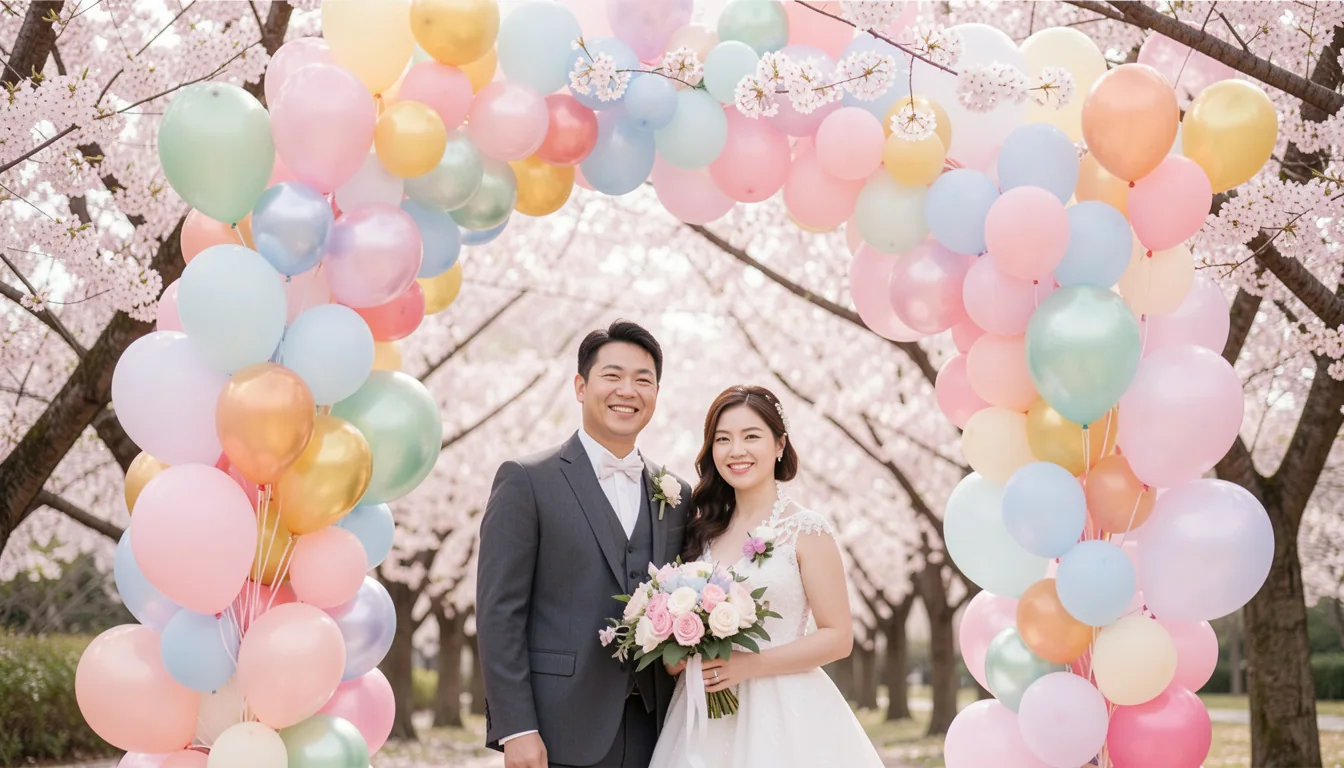 결혼 축하 사진으로 야외 풍선과 벗나무가 너무 아름다운 남녀 모습입니다.