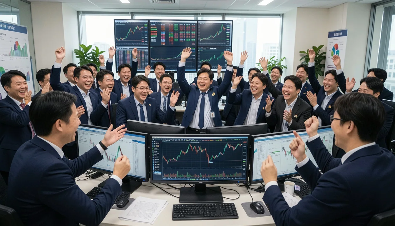 코스피 5000 주식 초보 고수, 중수 주식 시장에서 기뻐하고 환호하는 증권사 직원들입니다.