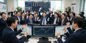 코스피 5000 주식 초보 고수, 중수 주식 시장에서 기뻐하고 환호하는 증권사 직원들입니다.