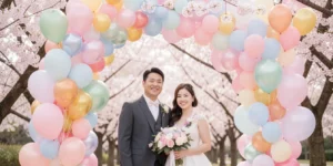 결혼 축하 사진으로 야외 풍선과 벗나무가 너무 아름다운 남녀 모습입니다.