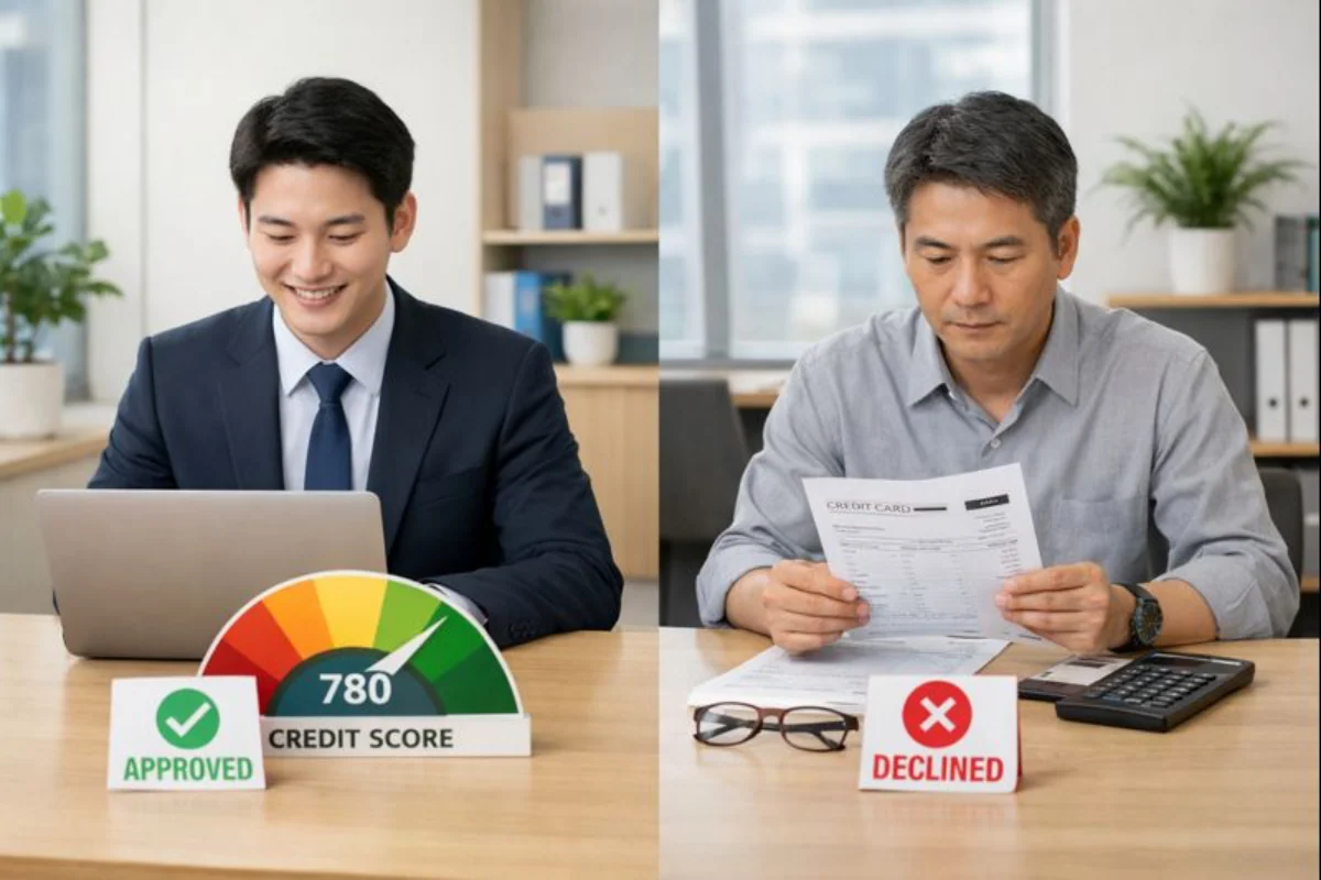 신용카드 연체 경험 남성 두 분이 자신의 신용점수를 확인하면 고민하고 있는 모습니다. 젊은 남성은 웃는 얼굴이 여유로움이 보입니다.