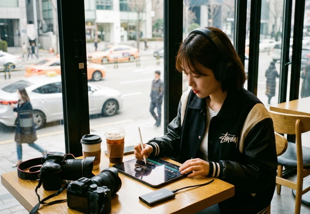 영상편집 가성비 아이패드 프로 M5 모델로 강남 카페에서 여성 크리에이터가 파이널컷 프로 영상 편집하고 있습니다. 외장 하드와 커피를 마시며 집중하는 모습니다.