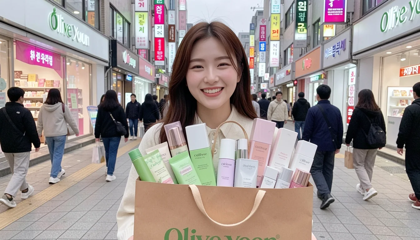 2026 K 뷰티 트렌드 명동 스트리트에서 20대 젊은 여성이 올리브영 가방에 스킨케어 10 리스트를 몽땅 담아서 신나는 모습입니다.