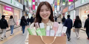 2026 K 뷰티 트렌드 명동 스트리트에서 20대 젊은 여성이 올리브영 가방에 스킨케어 10 리스트를 몽땅 담아서 신나는 모습입니다.