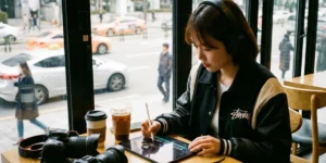 영상편집 가성비 아이패드 프로 M5 모델로 강남 카페에서 여성 크리에이터가 파이널컷 프로 영상 편집하고 있습니다. 외장 하드와 커피를 마시며 집중하는 모습니다.