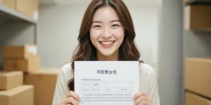 택배 분실 보상 2026 좋아하는 여자 모델이 택배 분실 보상 서류 들고 활짝 웃는다, 정면 클로즈업, 친근한 표정