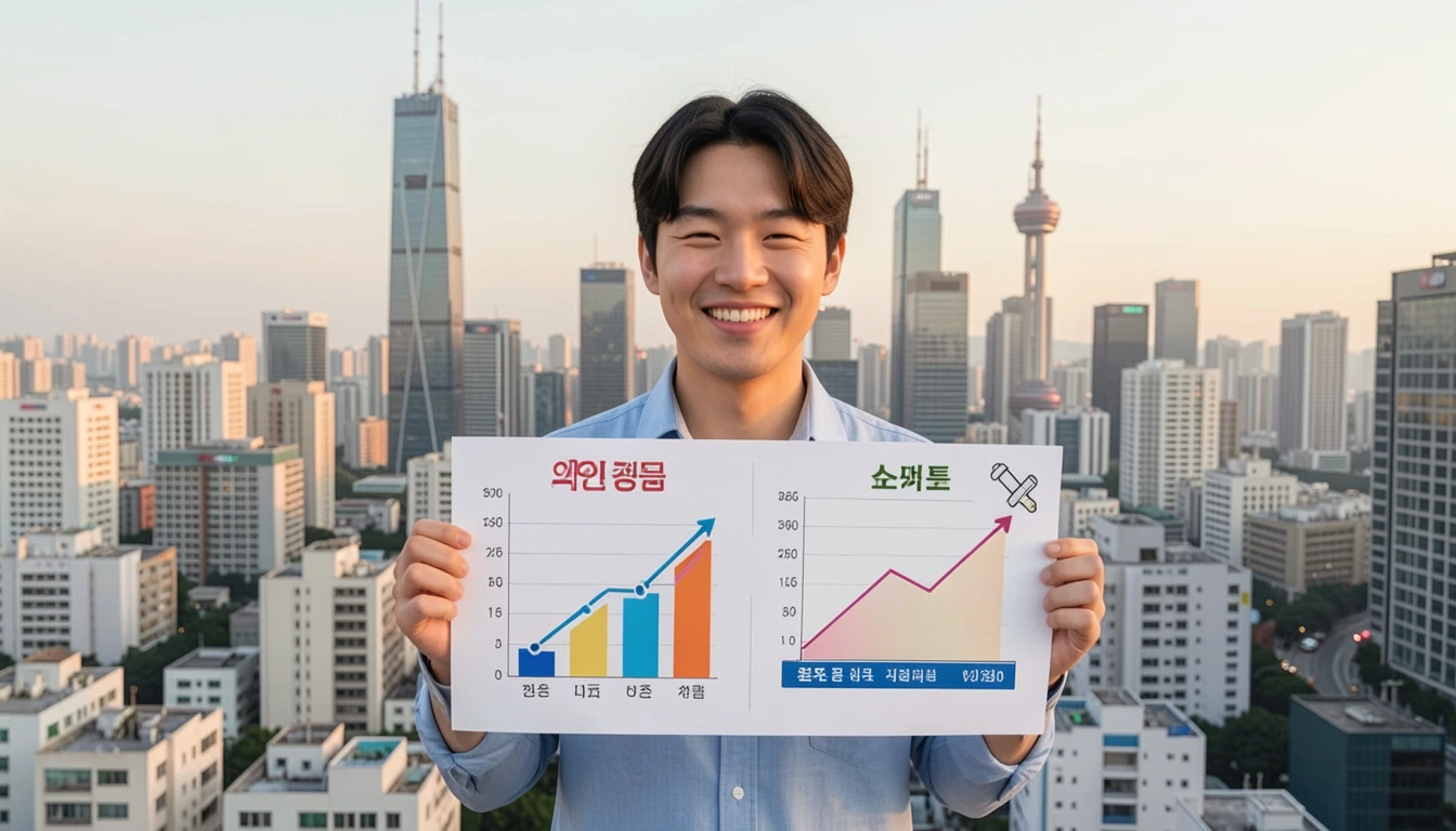 가상 인간 제작 비용 비교 차트와 무료 툴 아이콘을 들고 미소 짓는 1인 창업자입니다