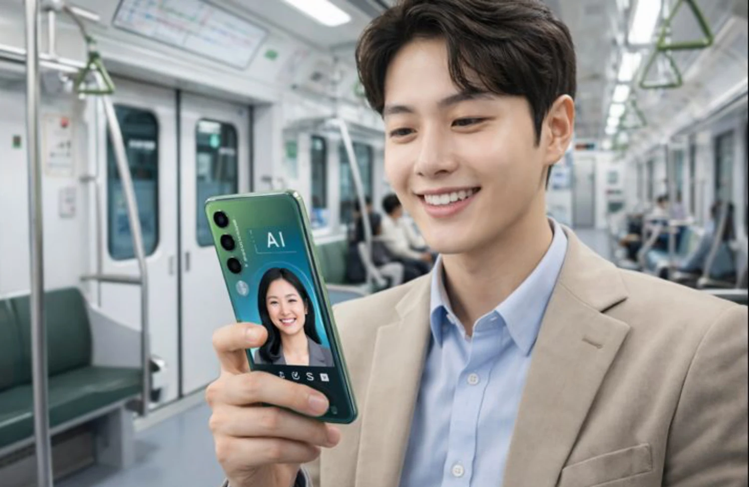 갤럭시 S26 512GB 무료 업그레이드 사전 예약으로 인공지능을 통해 생활에 도움을 받는 남성이 서울 지하철 안에서 즐겁게 스마트폰을 만지고 있습니다.