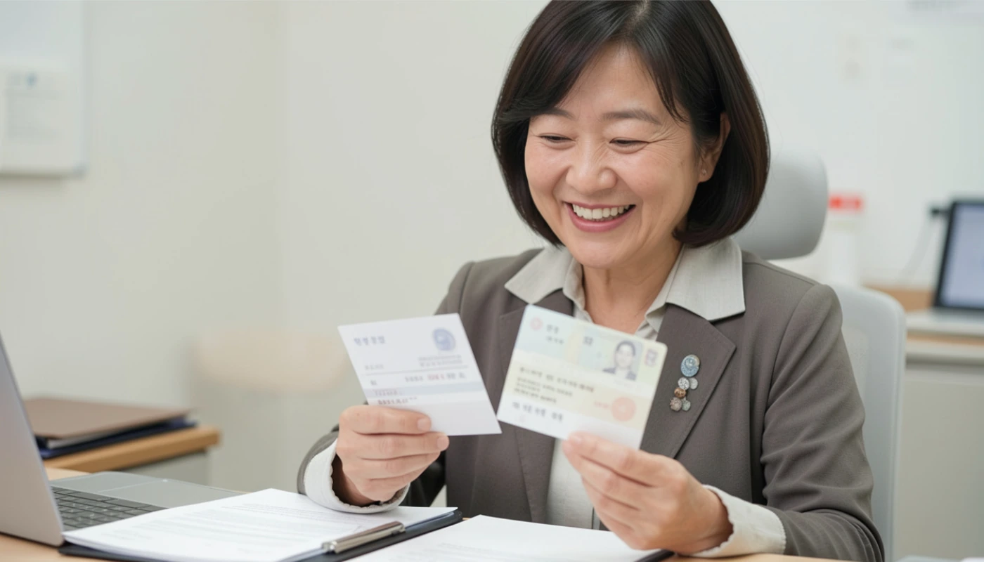 건강보험 환급금 진료비 영수증과 통장 펼쳐놓고 웃으며 확인하는 중년 여성이다