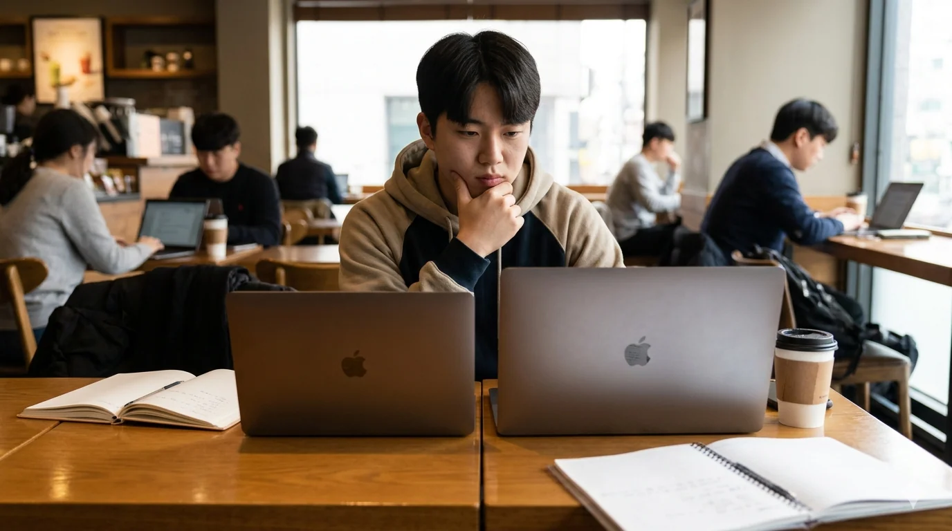 대학생 직장인 맥북 에어 M5 대학생이 카페에서 13인치 15인치 구매 선택 고민하다