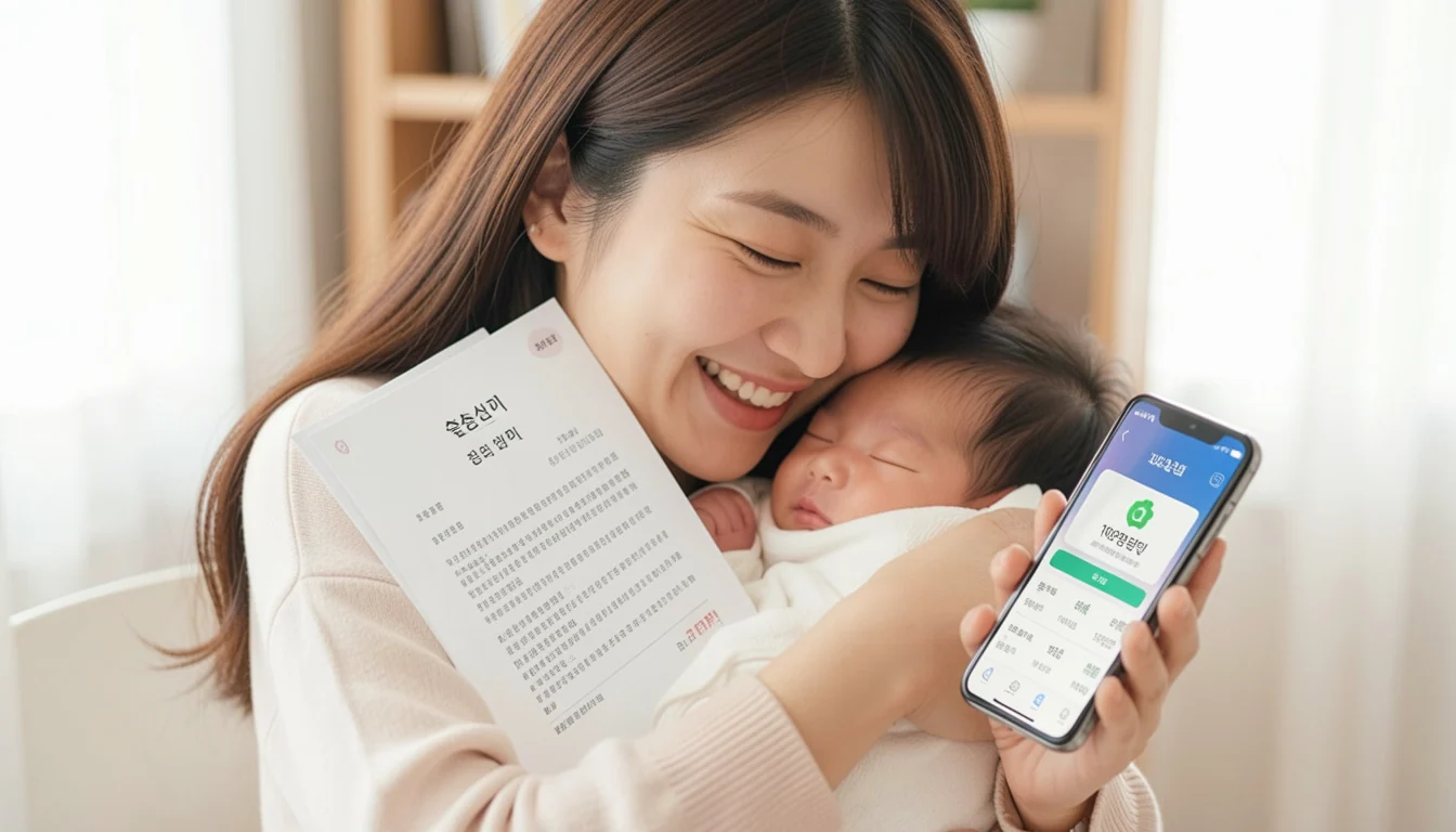 부모급여 신청 복지로 출생신고 서류 들고 스마트폰 보는 행복한 신생아 안고 있는 엄마 모습이다
