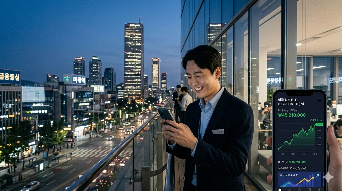 소액 주식 투자 후 스마트폰으로 미국 리츠 ETF 앱을 보며 미소 짓는 30대 직장인이다