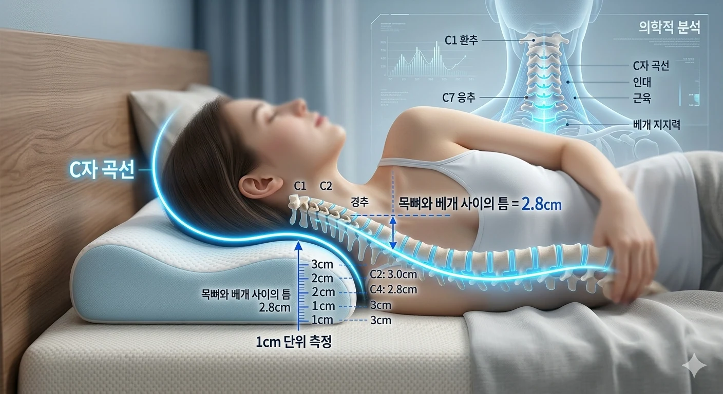 수면 베개 높이 테스트 여성이 침대에서 거북목 예방 C자 곡선 유지하는 모습이다.
