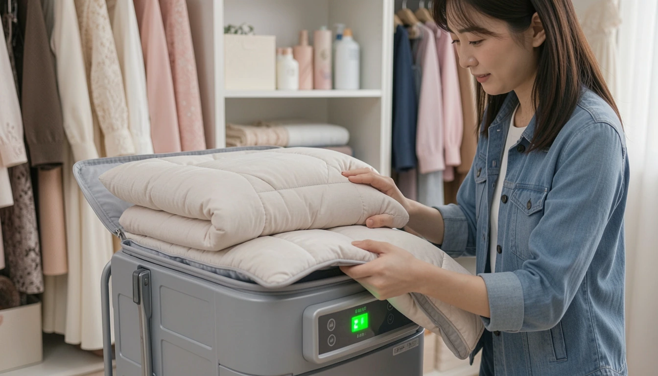 스타일러 아이 패딩 워킹맘, 깔끔한 아파트 드레스룸 배경, 살균 완료 표시등이 켜진다