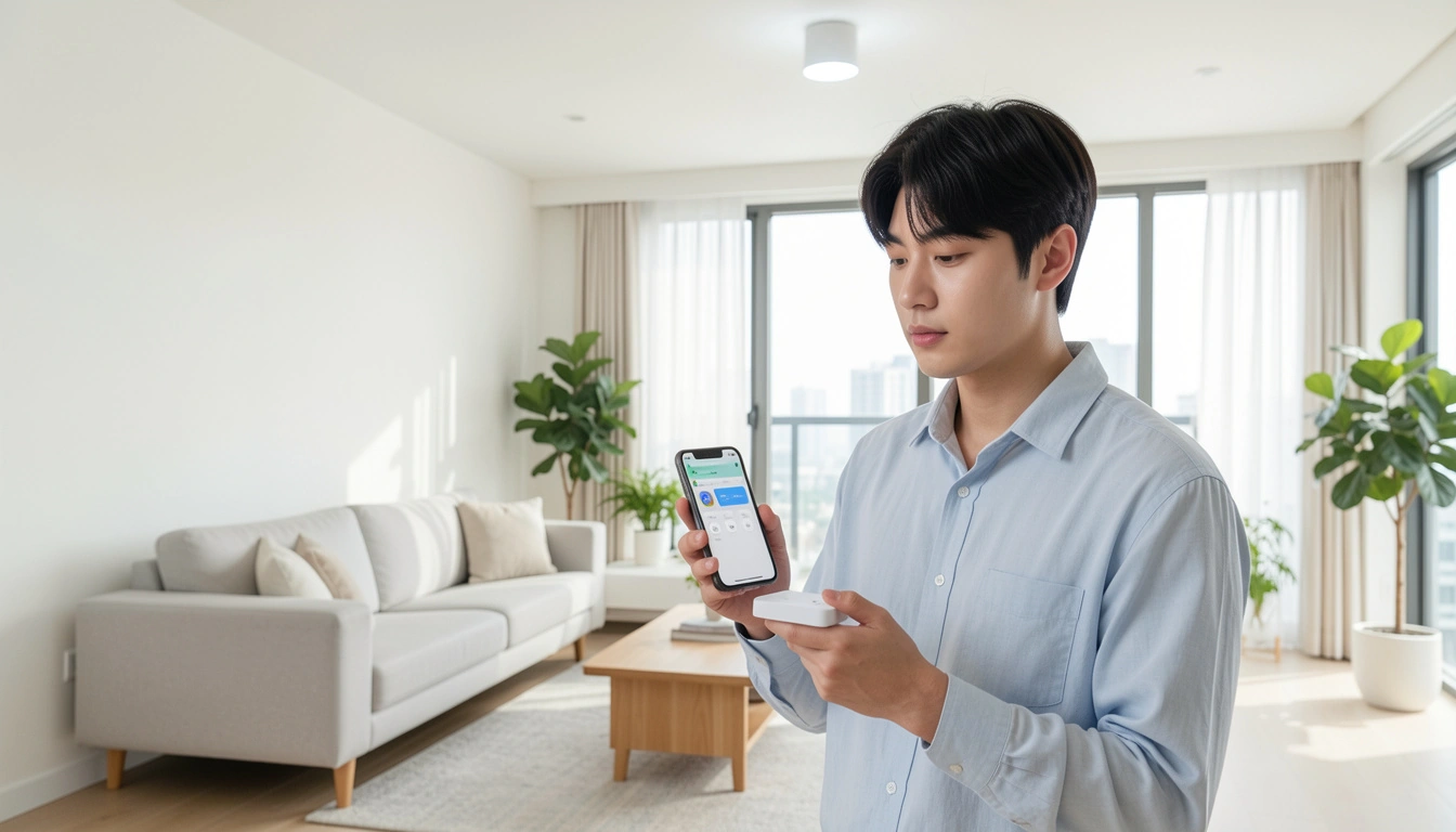 애플 홈킷 입문 아파트 거실에서 아이폰을 들고 스마트 전구를 홈킷으로 설정 중인 20대 남성이 설정한다