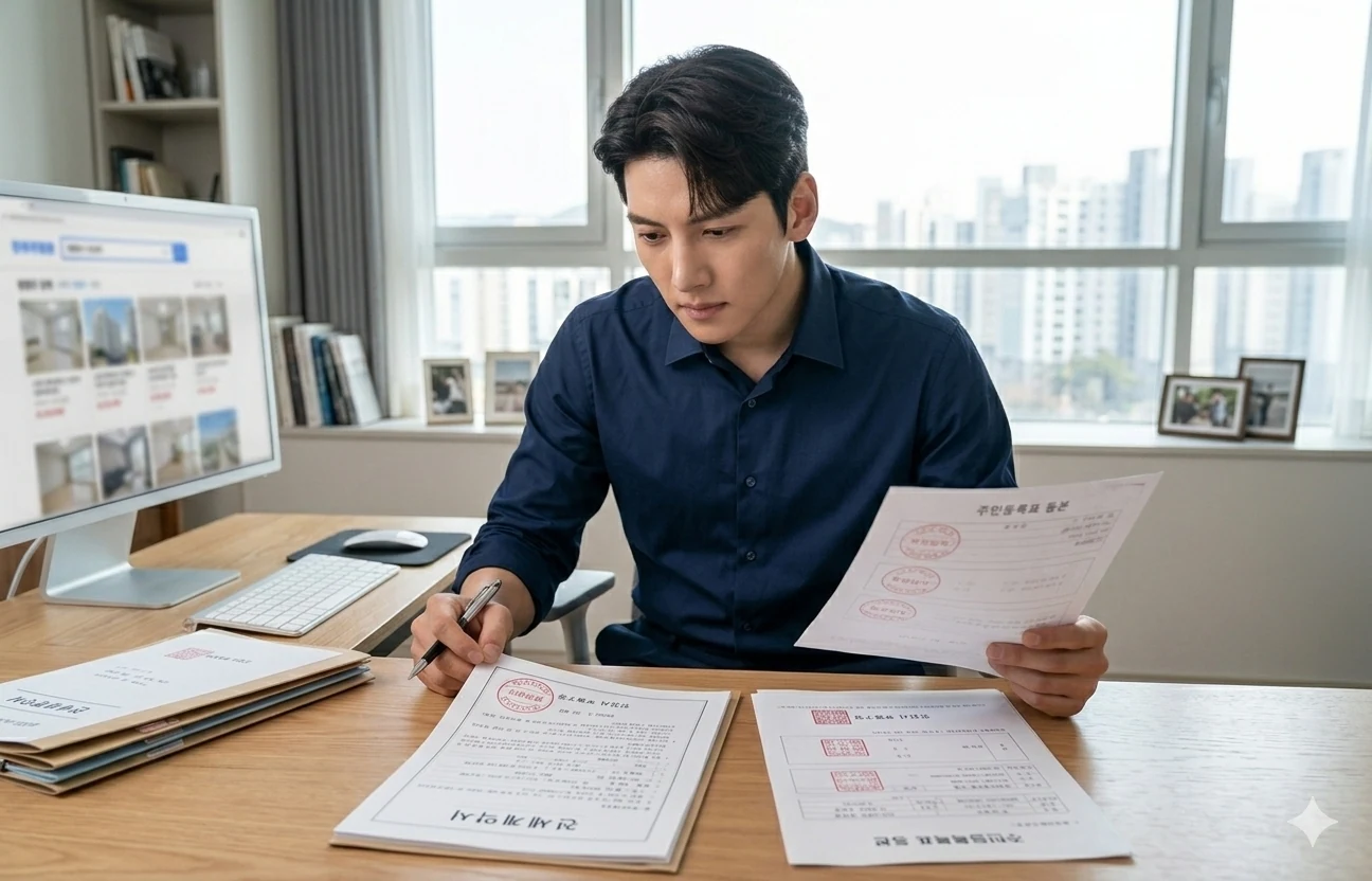 역전세 대비 보증금 확인을 계약서를 다시 검토하는 남성 세입자가 책상에서 전세 증빙 서류 확인 중입니다.