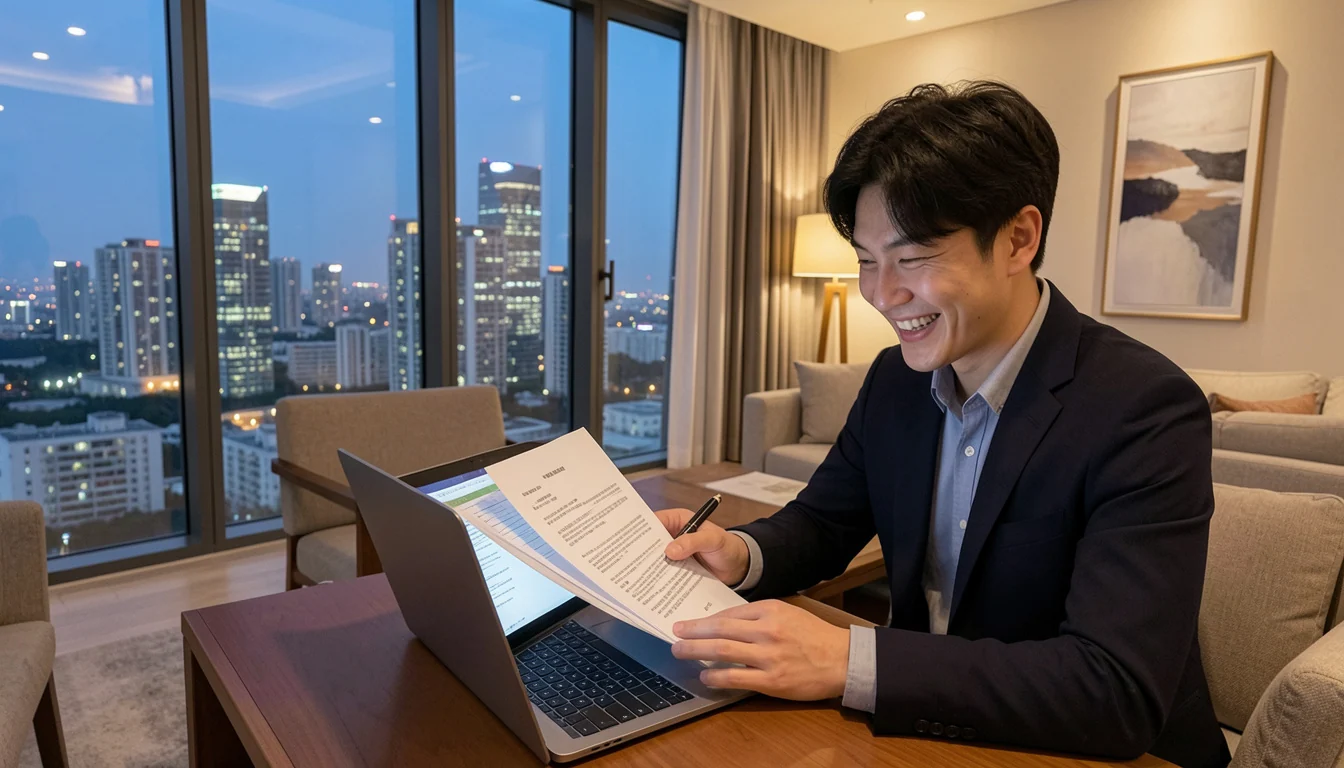 월세 계약 특약사항 거실에서 노트북으로 임대차 계약서를 검토하며 밝게 웃는 30대 남성이다