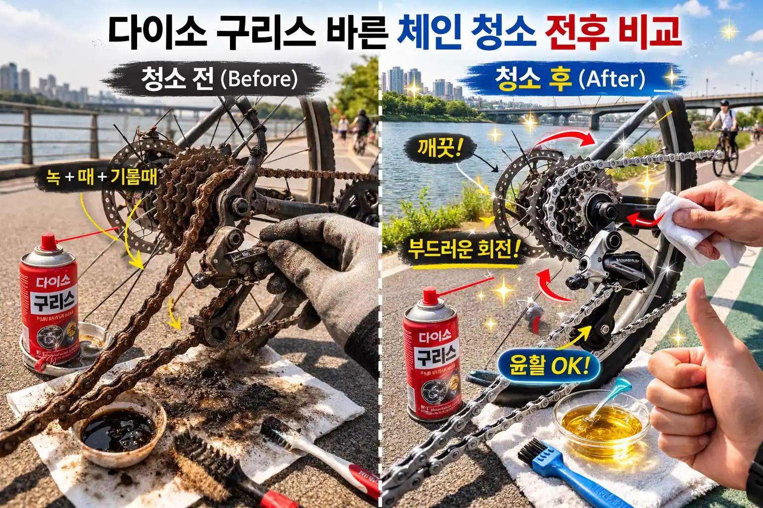 자전거 체인 기름칠 다이소 반포 자전거 라이딩 중 구리스 체인 청소하는 중이다.