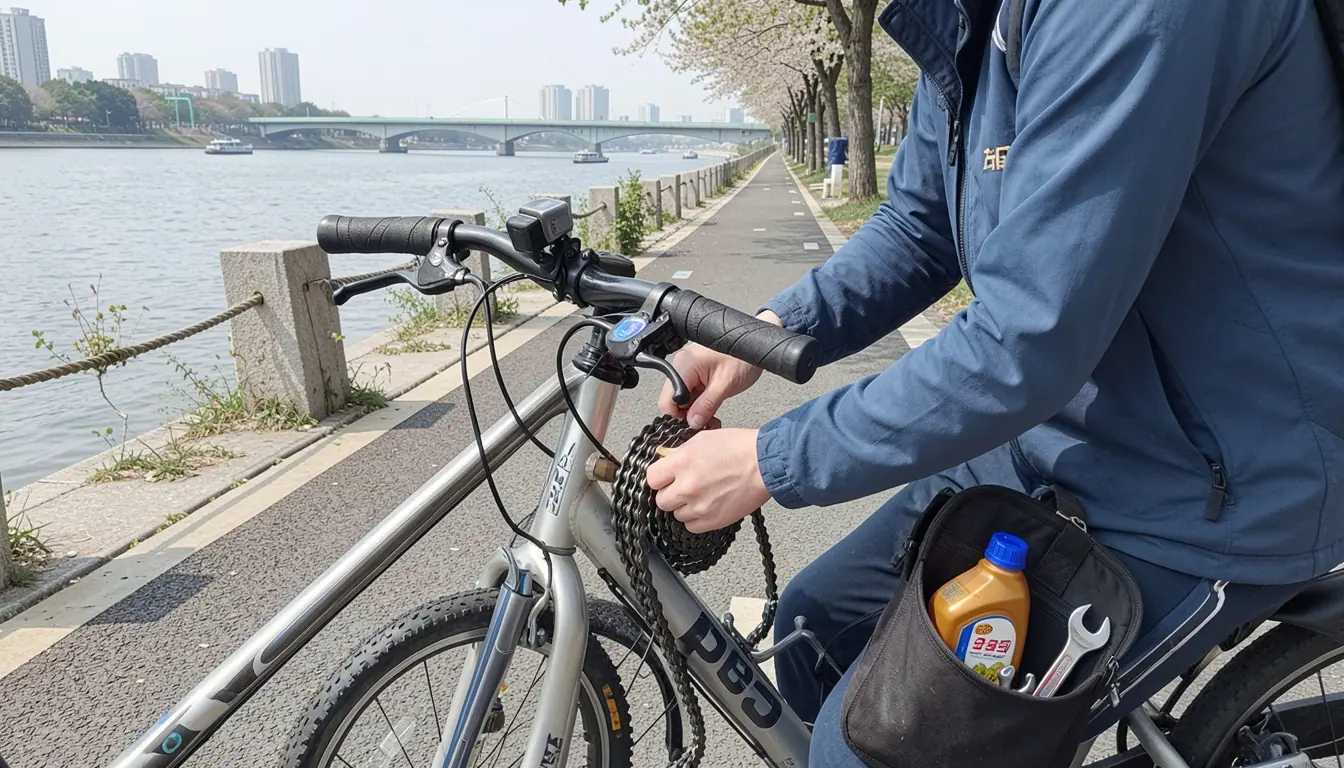 자전거 초보자 체인 청소 한강 자전거길에서 오일 도포 중이다