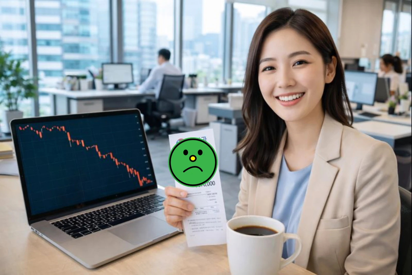 주식 하락장 반토막 상황에서 맥북으로 코스피 차트를 보면서 회사 사무실에서 여성 직원이 책상 위에 커피 한장과 환급금 영수증을 확인하는 모습입니다.