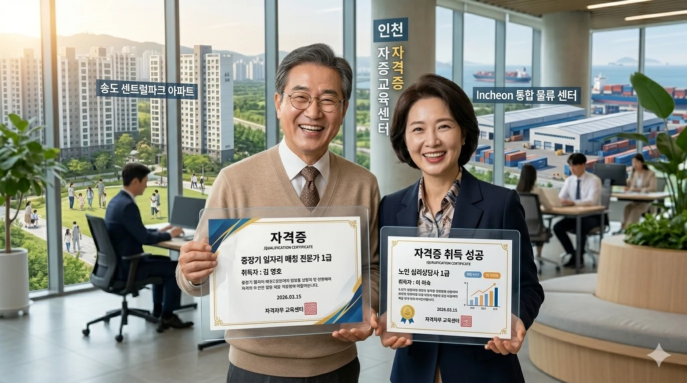 중장년 유망 자격증 손에 쥐고 밝게 웃는 60대 남성과 여성의 모습이다. 아파트 단지와 물류 센터 일자리 창출한다
