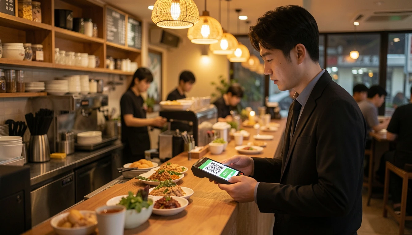 카카오페이 제로페이 연동 QR 화면을 들고 동네 식당 카운터에서 결제하는 30대 직장인이다