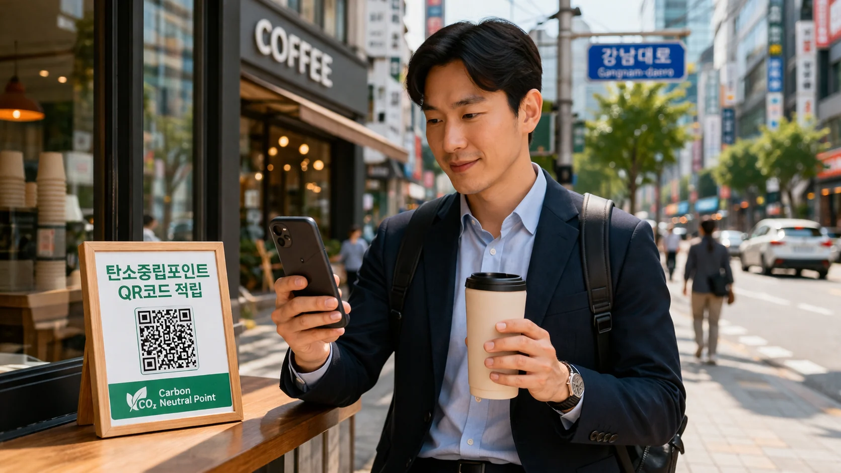 탄소중립포인트 회원가입 텀블러를 든 30대 직장인이 스마트폰으로 QR코드를 스캔하며 포인트를 적립한다
