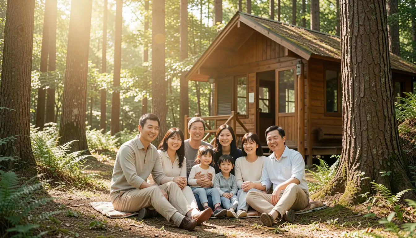휴양림 예약 꿀팁 숲속 햇살 받으며 힐링하는 가족, 나무와 오두막에 가족의 편안한 휴식 중이다
