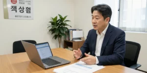 1인 세무 컨설팅 창업 노트북과 세금 서류를 앞에 두고 소상공인과 마주 앉아 절세 전략을 설명하는 50대 남성 컨설턴트이다