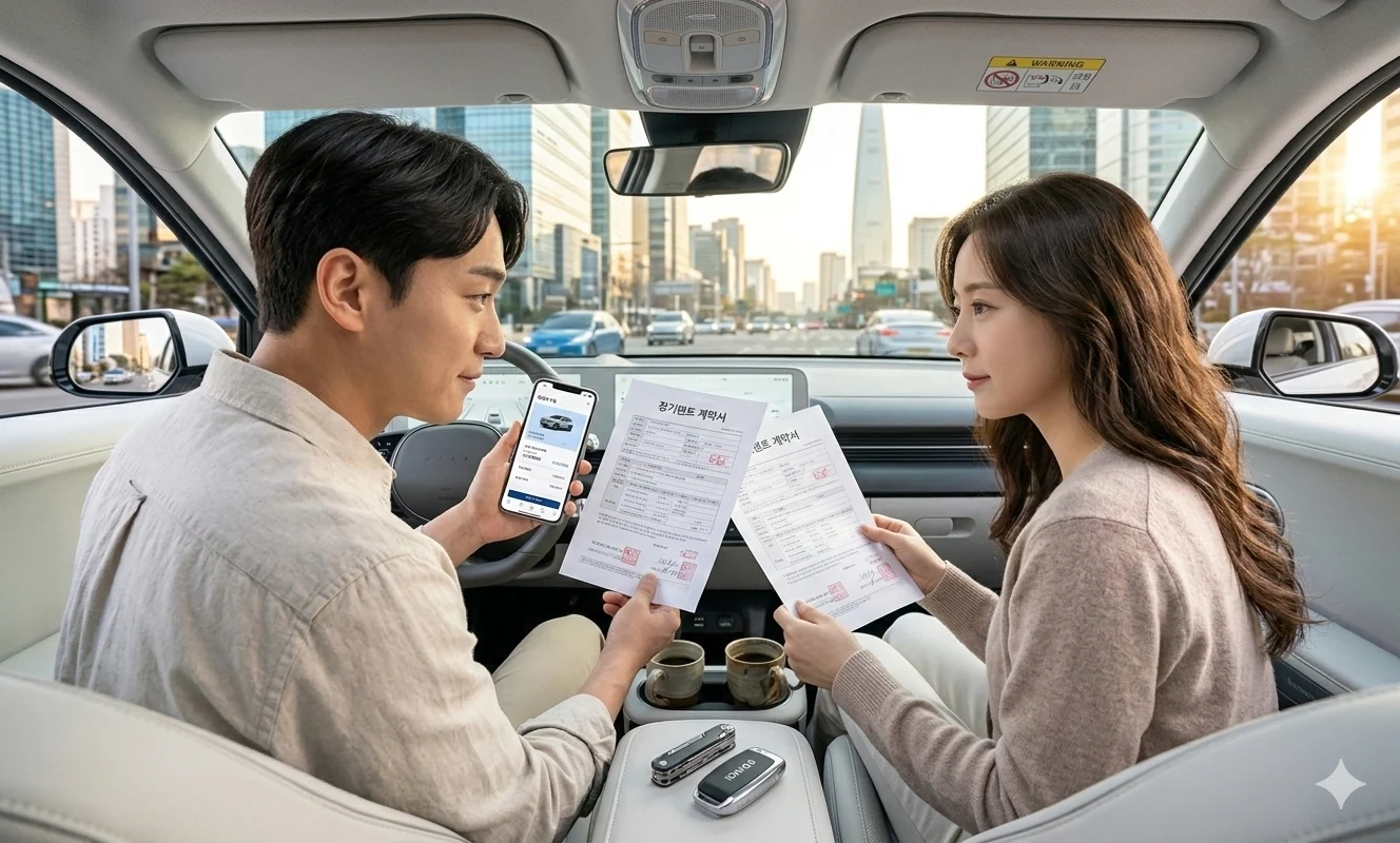 2026 현대차 구독 서비스 신청 후 부부가 차 안에서 서류를 보고 있다. 앱으로 쉽게 처리하느 것에 부부 모두 민족합니다.