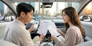 2026 현대차 구독 서비스 신청 후 부부가 차 안에서 서류를 보고 있다. 앱으로 쉽게 처리하느 것에 부부 모두 민족합니다.