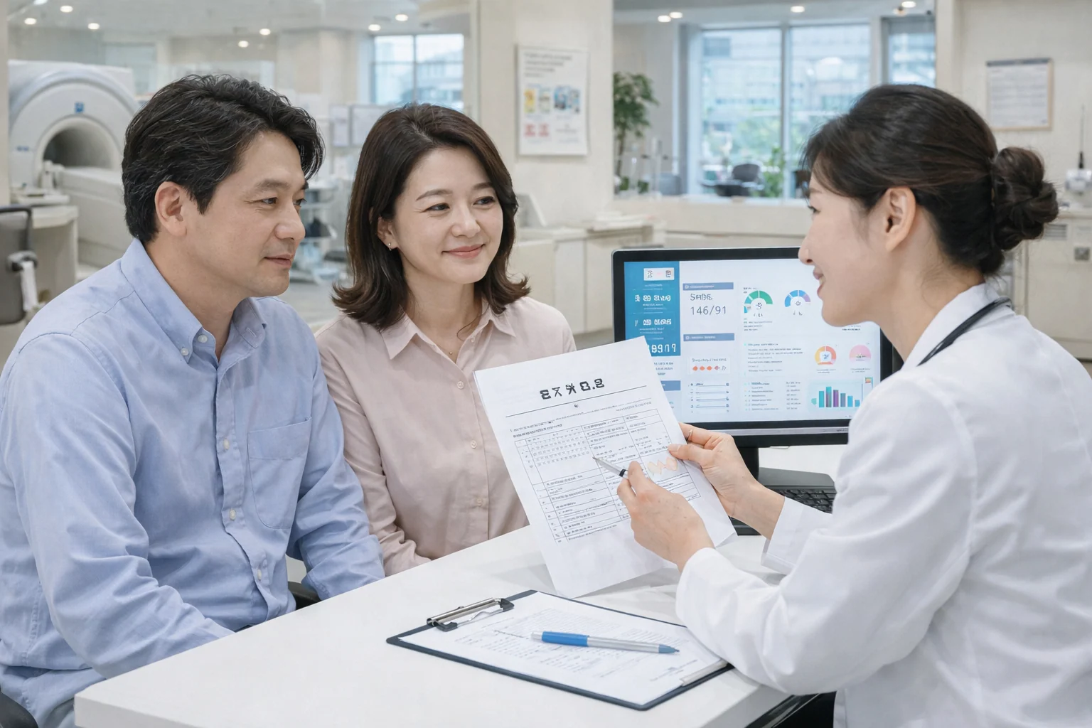 50대 건강검진 부부가 병원에서 의사 선생에게 진료 예약 후 검사 결과를 보고 있다