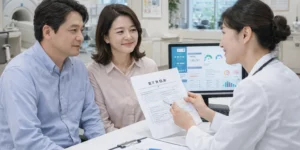 50대 건강검진 부부가 병원에서 의사 선생에게 진료 예약 후 검사 결과를 보고 있다