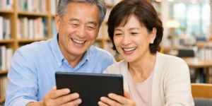 AI 도구 중장년층 배움 중인 중년 부부가 아이패드로 챗지피와 대화 중이다