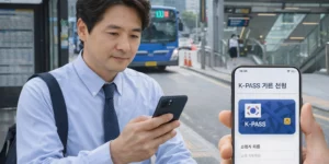 K-패스 카드 신청 모바일 앱으로 K-패스 카드 신청하는 40대 직장인 남성이다