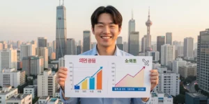 가상 인간 제작 비용 비교 차트와 무료 툴 아이콘을 들고 미소 짓는 1인 창업자입니다