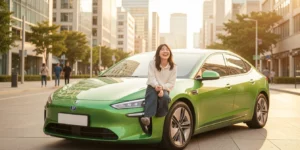 개인사업자 전기차 장기렌트 기뻐하는 20대 여성, 아이오닉 녹색 전기차와 함께 서 있음, 도시 풍경과 따뜻한 분위기이다