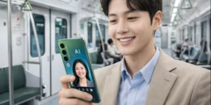 갤럭시 S26 512GB 무료 업그레이드 사전 예약으로 인공지능을 통해 생활에 도움을 받는 남성이 서울 지하철 안에서 즐겁게 스마트폰을 만지고 있습니다.