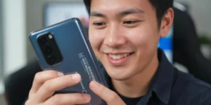 갤럭시 S26 성능 사용자가 만족스러운 표정으로 기능을 확인하는 클로즈업한다