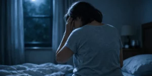 갱년기 수면 장애 한 밤 중 중년 여성이 침대에 걸더 잠을 이루지 못하고 있다