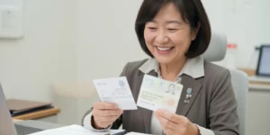 진료비 영수증과 통장 펼쳐놓고 웃으며 확인하는 중년 여성