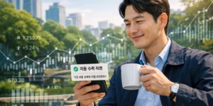 고금리 파킹통장 직장인 자동화 투자 서비스를 스마트폰으로 확인해서 여유롭게 커피 한잔하는 모습입니다.