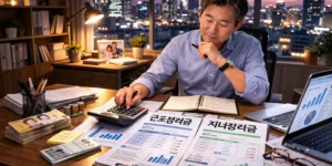 근로장려금 산정방법 책상 앞에서 계산기와 서류를 보면서 50대 가장이 분석하고 있다.