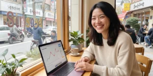 뉴스레터 구독자 노트북 화면에 구독자 증가 그래프를 보며 환하게 웃는 30대 프리랜서이다