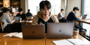 대학생 직장인 맥북 에어 M5 대학생이 카페에서 13인치 15인치 구매 선택 고민하다