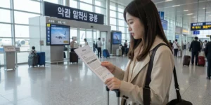 대한항공 예약취소 수수료 항공권 취소 화면과 환불 규정을 읽는 여성, 서울 공항 터미널 여행 가방 손잡이에 손을 얹고 있다