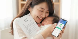 부모급여 신청 복지로 출생신고 서류 들고 스마트폰 보는 행복한 신생아 안고 있는 엄마 모습이다