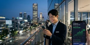 소액 주식 투자 후 스마트폰으로 미국 리츠 ETF 앱을 보며 미소 짓는 30대 직장인이다