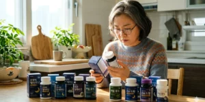 수면 건강기능식품 갱년기 여성이 영양제 성분을 자세히 읽고 있습니다. 식탁에서 10개 넘는 보조제가 보입니다.