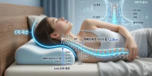 수면 베개 높이 테스트 여성이 침대에서 거북목 예방 C자 곡선 유지하는 모습이다.
